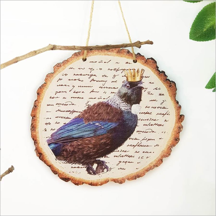 Wood Slice Art featuring a Vintage Tui bird design, crafted from 4mm veneer, ready to hang, ideal for nature-inspired decor.