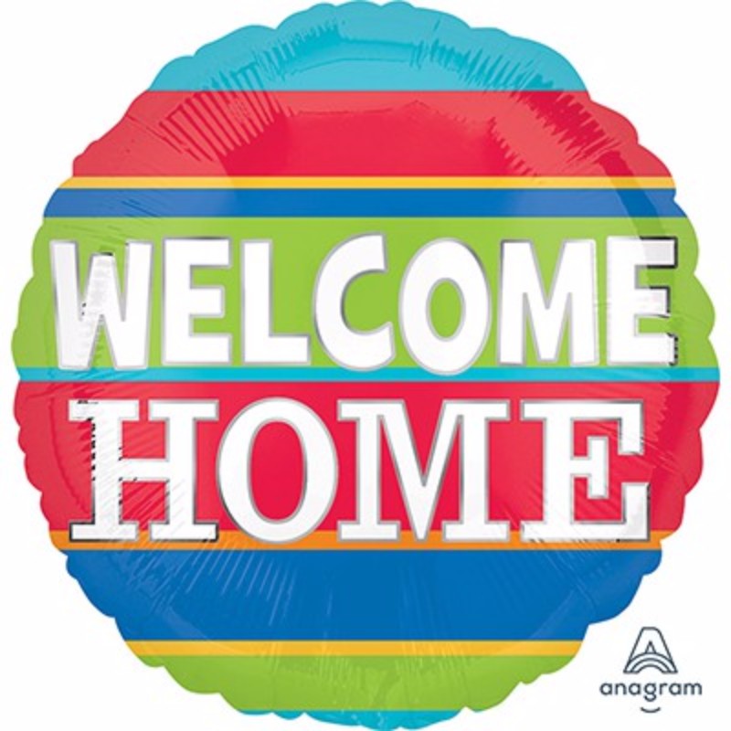 Colorful 45cm welcome home foil balloon, self-sealing and requires helium for inflation.