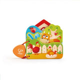 Colorful wooden baby book showcasing farm animals, designed for safe chewing and early reading fun.