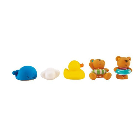 Colorful Hape Teddy and Friends squirt bath toys designed for safe, interactive, and imaginative play for babies in the tub.