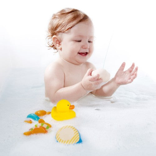 Hape Teddy And Friends squirt bath toys, featuring colorful animal designs for safe, interactive bath time fun.