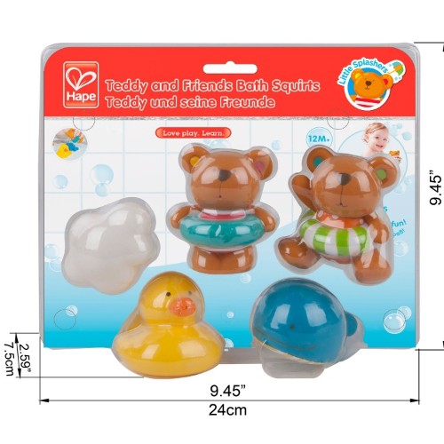 Colorful Hape Teddy And Friends squirt bath toys featuring adorable animals for safe, fun, and interactive bath time play.