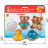 Colorful Hape Teddy And Friends squirt bath toys featuring adorable animals for safe, fun, and interactive bath time play.