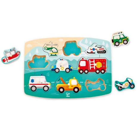 Colorful wooden peg puzzle featuring emergency vehicles, designed for children aged 2 and up.