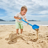 Bright blue Hape Sand Shovel designed for kids 18 months+, perfect for beach, sandbox, and garden play.