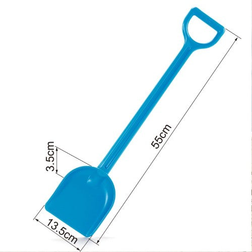 Bright blue Hape Sand Shovel designed for kids 18+ months, perfect for beach play and building sandcastles.