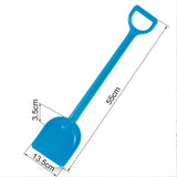 Bright blue Hape Sand Shovel designed for kids 18+ months, perfect for beach play and building sandcastles.