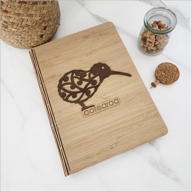 Bamboo Journal with Koiri Kiwi River Rimu veneer, FSC certified, 175mm x 230mm, 120 pages for eco-friendly journaling.