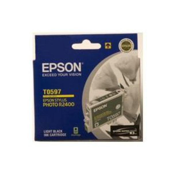 Epson T0597 Light Black Ink Cartridge for inkjet printers, yields 450 pages, ensures vibrant prints and professional quality.