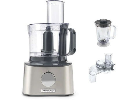 Image of De'Longhi MultiPro Compact food processor showcasing its sleek brushed metal design and versatile attachments for meal prep.
