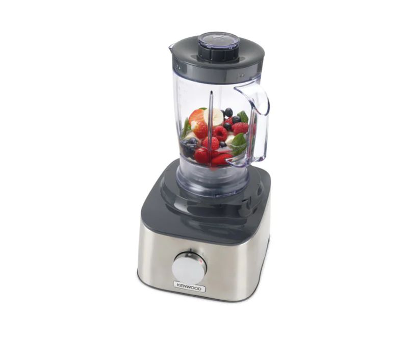 De'Longhi MultiPro Compact food processor with brushed metal design, 2.1L bowl, and Express Serve attachment for easy meal prep.