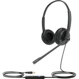 Yealink UH34 USB DUAL Wired Headset featuring noise-cancelling mic, plush leather ear cushions, and USB plug-and-play connectivity.