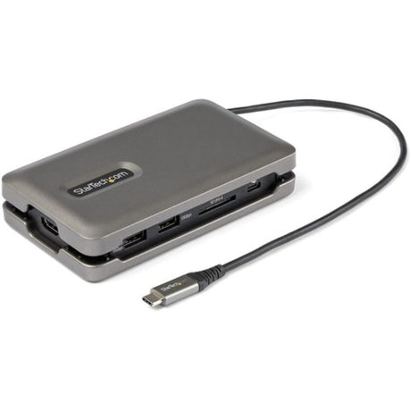 StarTech.com USB-C docking station with 4K HDMI output, two USB-A ports, SD card reader, and Gigabit Ethernet for versatile connectivity.