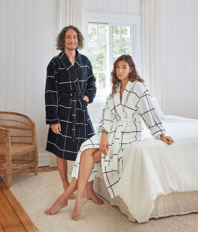 Luxurious navy velour bathrobe with shawl collar, pockets, and waist tie, perfect for couples. Size L/XL.