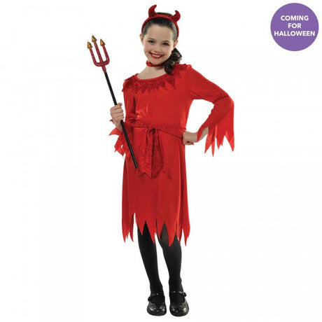 Little Devil costume for girls 4-6, featuring a red and black dress and horned headband, perfect for Halloween fun.