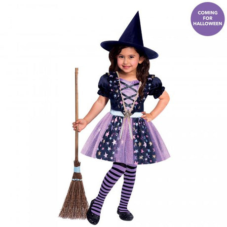 Enchanting Starlight Witch costume for girls 2-3 years, featuring a starry dress and whimsical witch hat, perfect for Halloween fun.