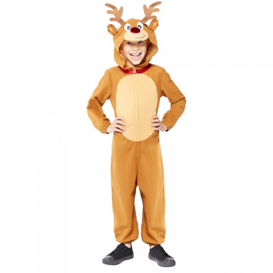 Cozy reindeer jumpsuit for kids aged 3-4, featuring a hood with antlers, perfect for festive fun and holiday parties.