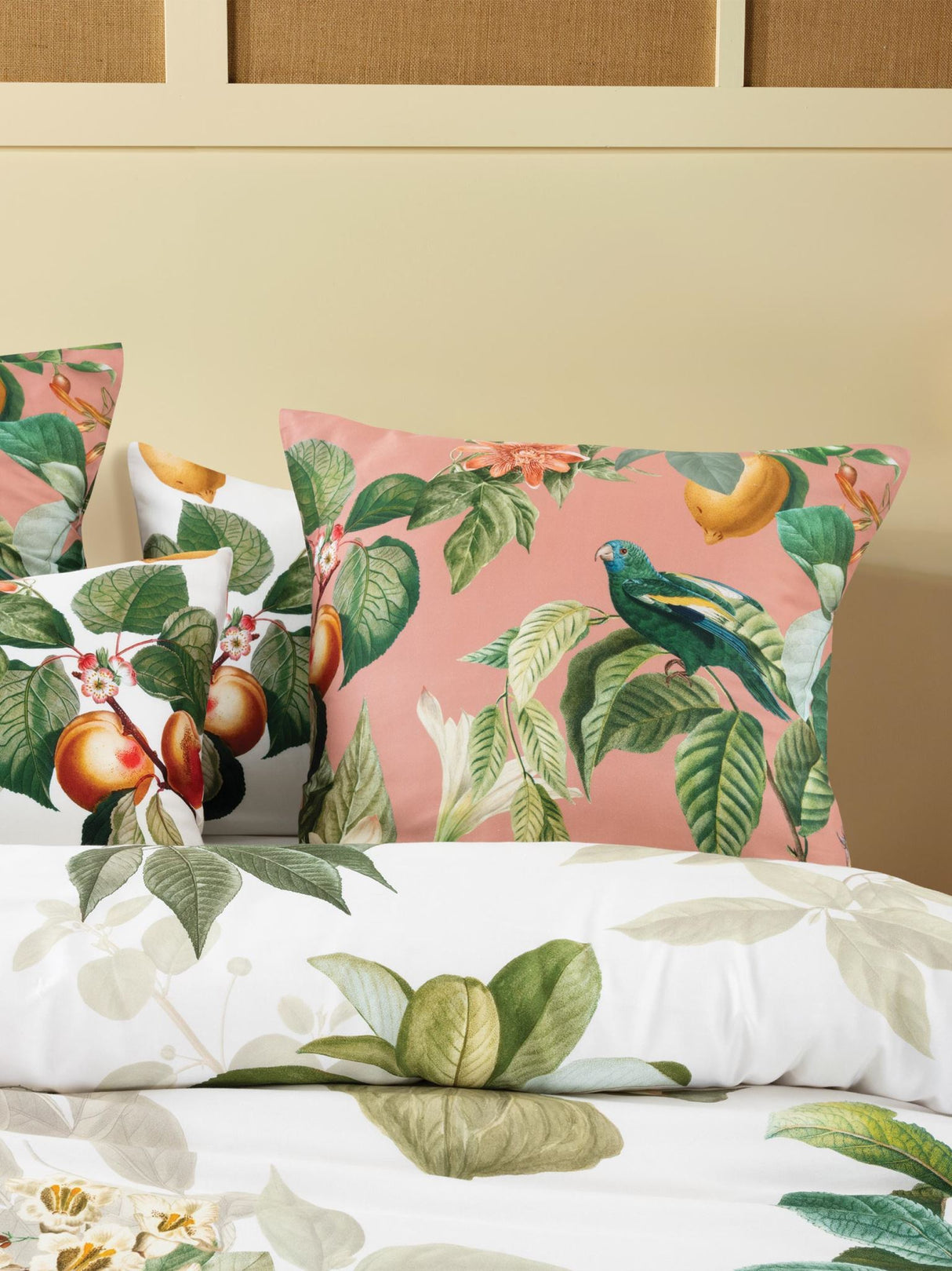 Amalfi Duvet Cover Set in vanilla with citrus blossom design, King size, made of luxurious cotton sateen for a serene bedroom escape.
