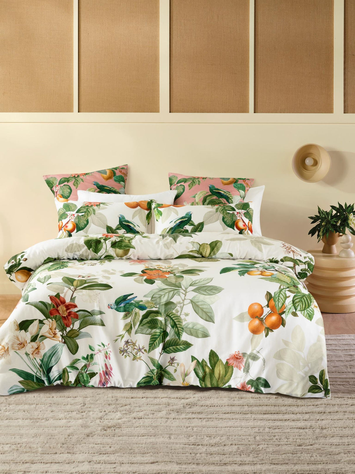 Amalfi Duvet Cover Set in vanilla, featuring citrus blossom designs on smooth cotton, perfect for a serene bedroom transformation.