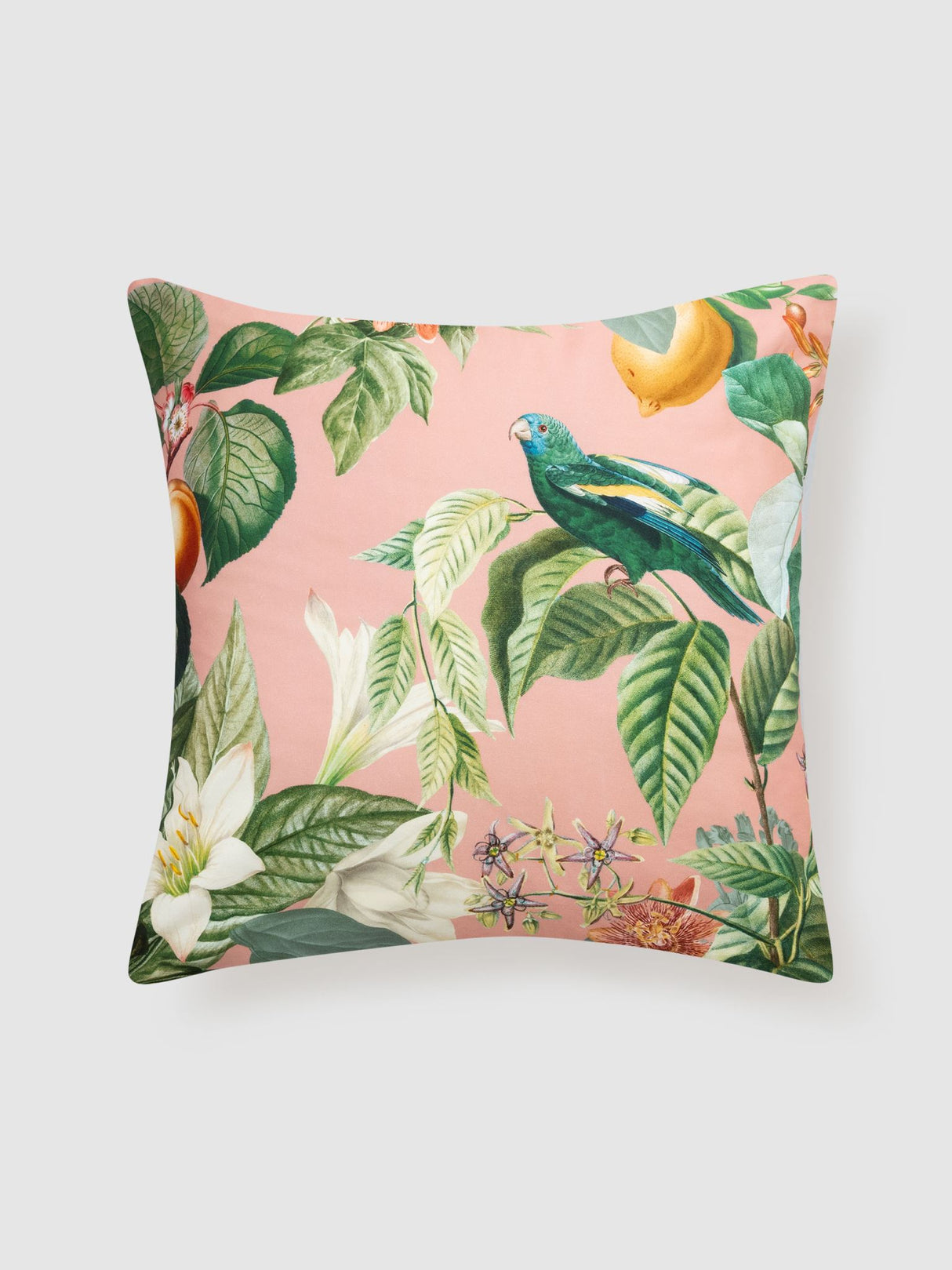 Amalfi European pillowcase in vanilla featuring citrus blossoms and fruits on a coral background, crafted from 100% cotton sateen.