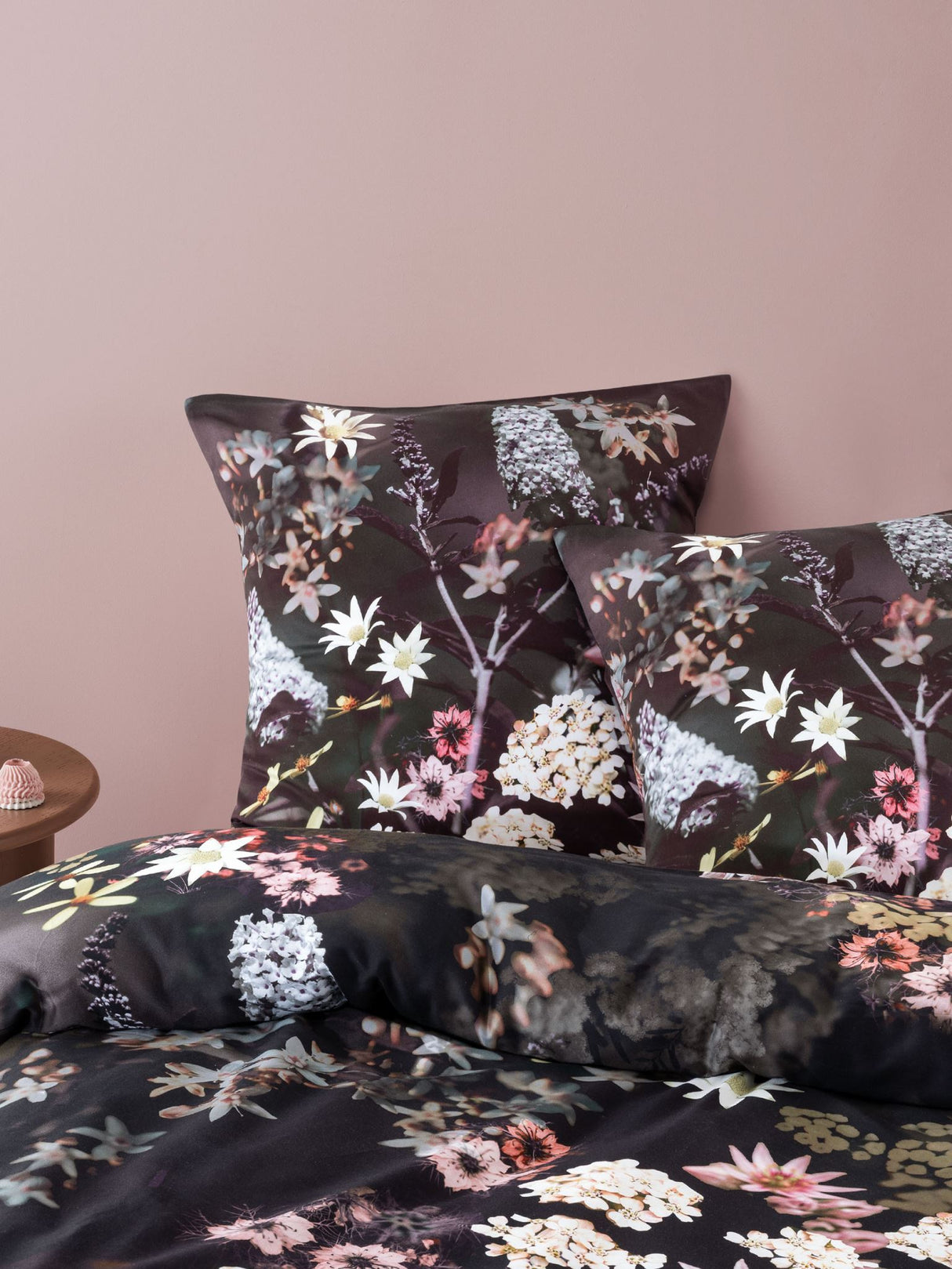 Super King duvet cover set featuring dark botanical florals on luxe cotton sateen, ideal for a moody bedroom aesthetic.