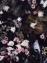 Queen duvet cover set featuring floral prints on a black background, crafted from luxe cotton sateen by Savona.
