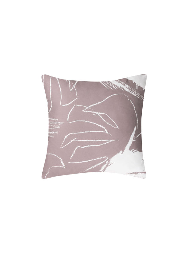 Keone 48x48cm cushion in mauve and white, featuring hand-drawn tropical greenery on luxurious cotton sateen.