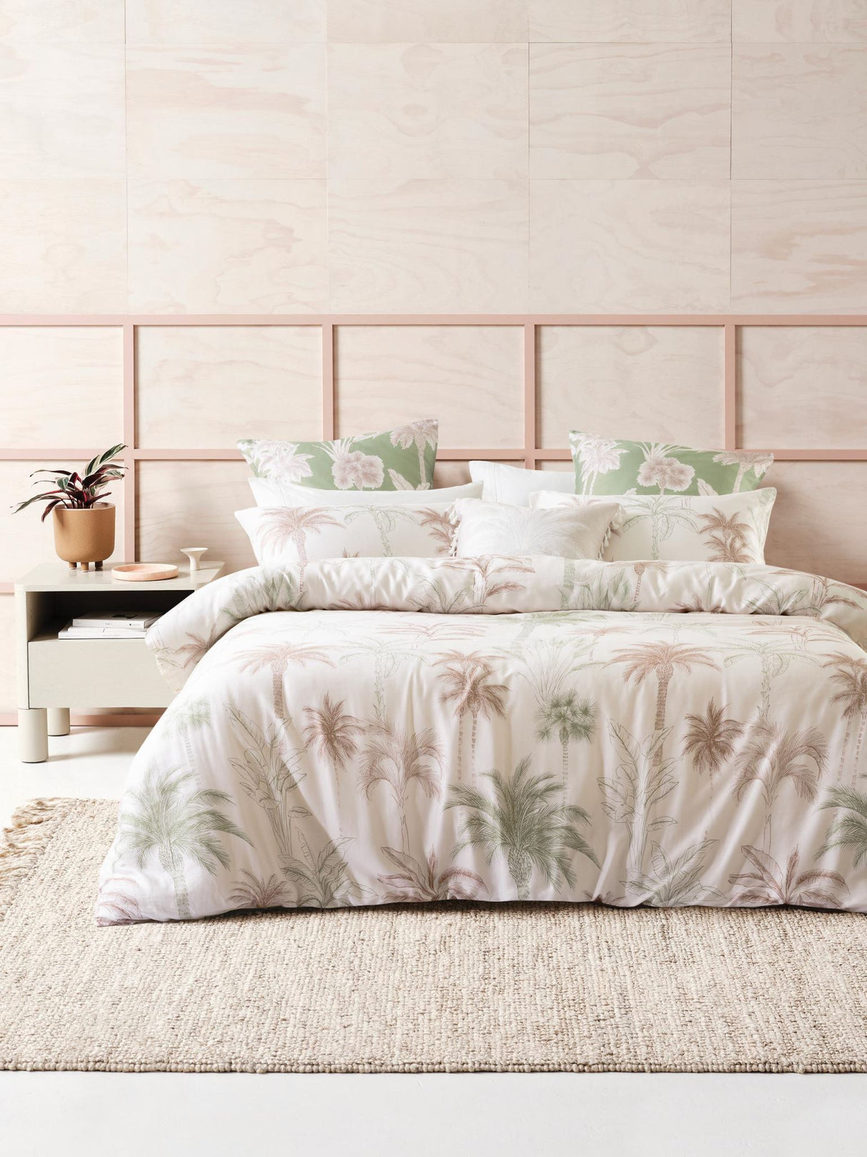 Lombok Duvet Cover Set by Savona featuring palm tree prints, 100% cotton, ideal for a serene tropical-themed bedroom.