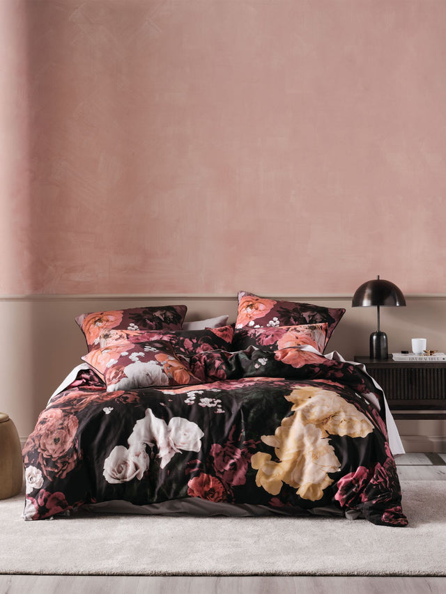 Queen Duvet Cover - Lorelai Set by Savona with elegant floral design on black cotton sateen for luxurious winter decor.