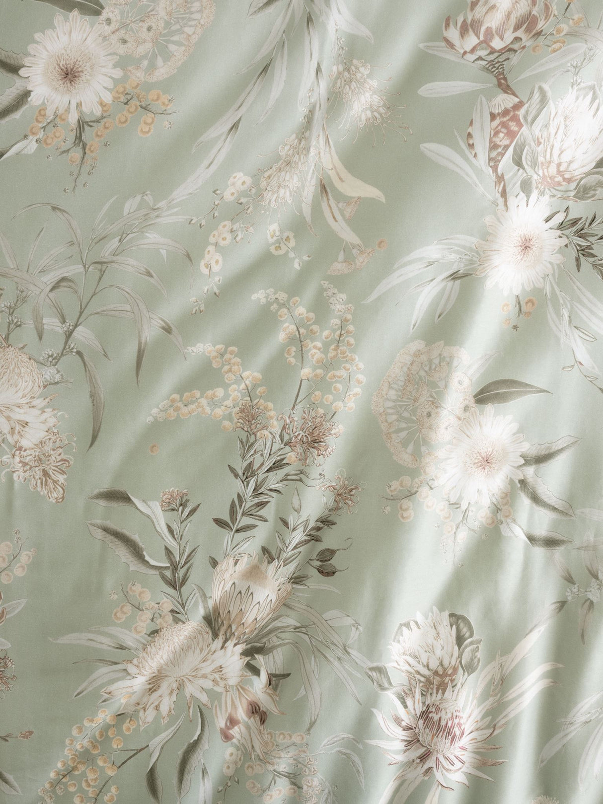 Sage green Nella Duvet Cover Set by Savona features elegant floral motifs, made of soft 100% cotton, perfect for Australian Super King beds.