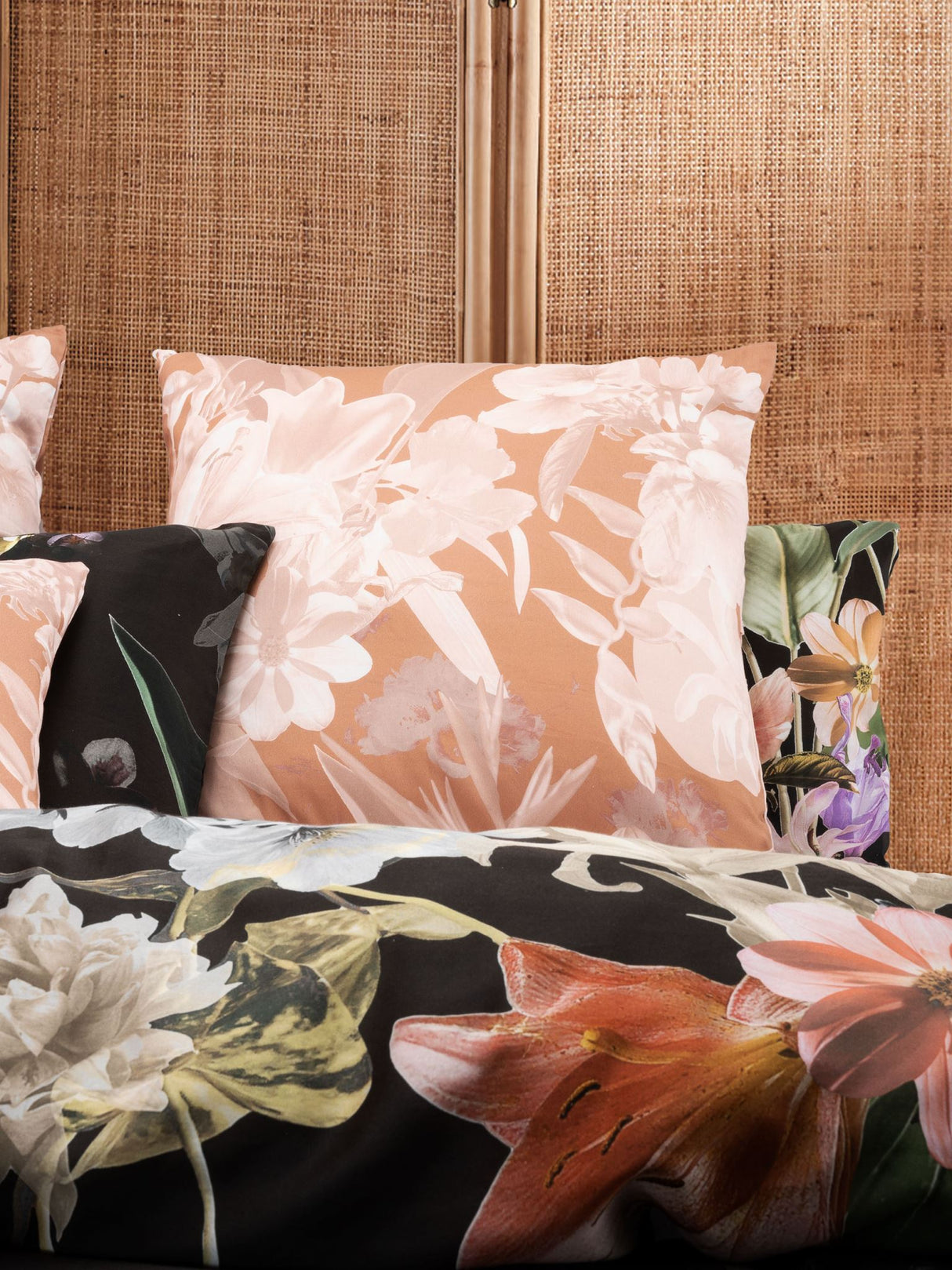 Californian King duvet cover set with floral design in vintage tones on brown, crafted from 100% cotton sateen for comfort.