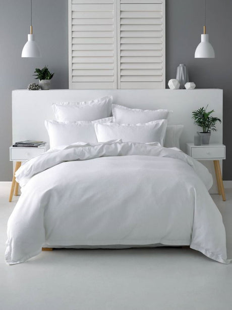 Elegant Nova White duvet set with 100% cotton waffle front and smooth cotton percale reverse, includes one matching pillowcase.