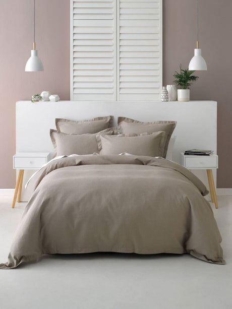 Single duvet set in Nova Taupe featuring a waffle texture, cotton materials, and elegant design for enhanced comfort.