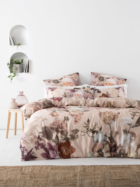 Queen Duvet Cover Set by SAVONA featuring vintage floral design on blush, crafted from luxurious 100% cotton sateen.