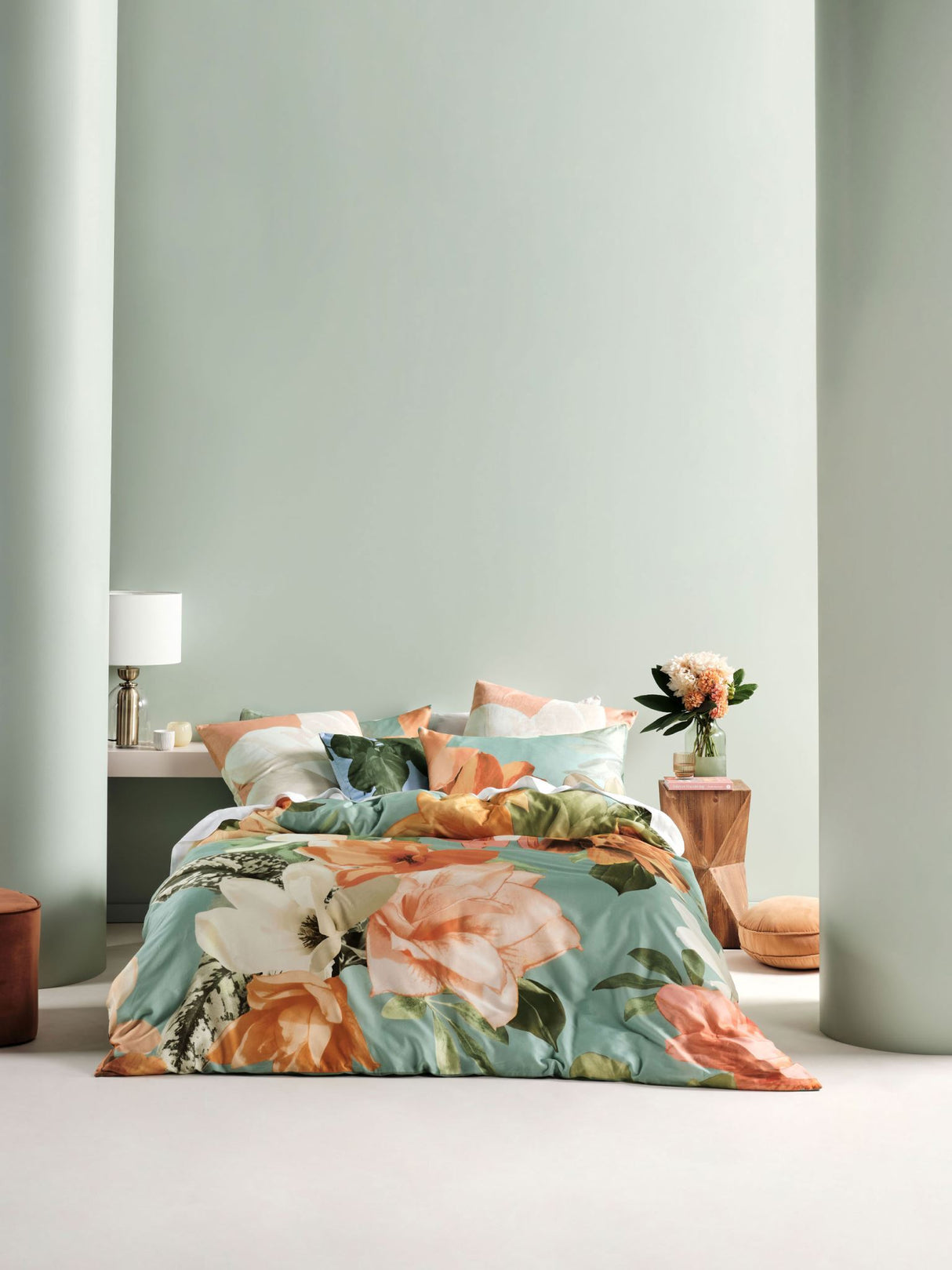 King Duvet Cover Set - Shakira Leaf by SAVONA featuring mint greens, soft peaches, and oranges in luxurious 100% cotton sateen.