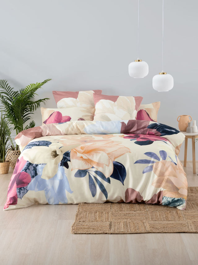 King Duvet Cover Set in Shakira Stone featuring floral pastels, 100% cotton sateen, includes duvet cover and two pillowcases.