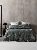 King duvet cover set featuring hand-drawn charcoal ocean and mountain designs on soft cotton percale by Savona.