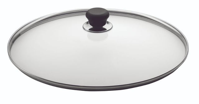 Tempered glass lid for 24 cm Scanpan saucepan, featuring stainless steel trim and Bakelite knob for easy food monitoring.