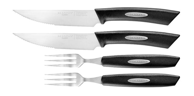 Elegant SCANPAN Texas 4-piece steak knife and fork set with German stainless steel, ergonomic grip, and stylish design.