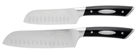 Set of two Scanpan Classic Santoku knives, featuring 12.5cm and 18cm blades with Granton edges for precision and comfort.