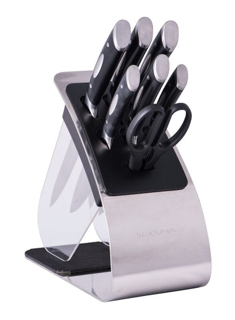 Scanpan Classic Eclipse 8-piece knife block set featuring German stainless steel blades and ergonomic handles for precision cutting.