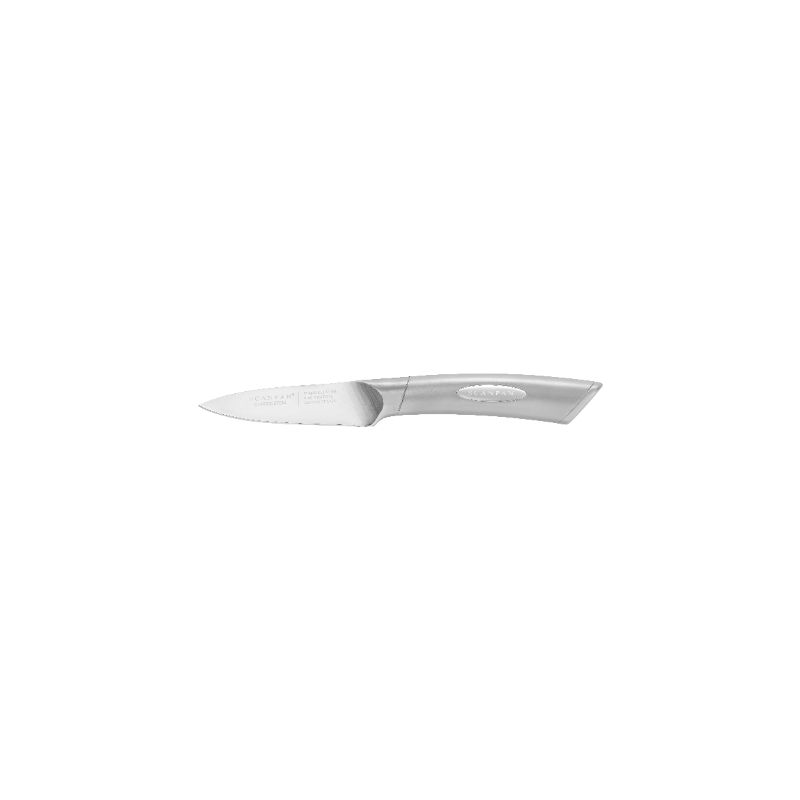 Steel paring knife with ergonomic handle, premium German stainless steel, ideal for precision peeling and intricate tasks.