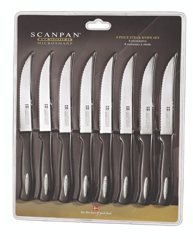 Scanpan Microsharp Steak Knife Set with 8 premium, fully forged knives for effortless meat cutting; ergonomic design for all users.