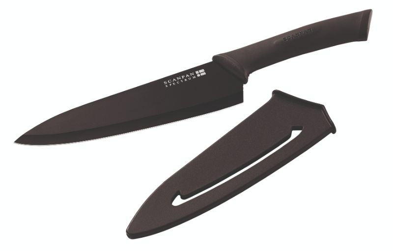 Scanpan Black Cook's Knife 7e/18cm featuring high carbon stainless steel, ergonomic handle, and vibrant design for effortless cutting.