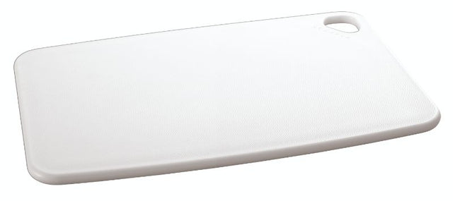 White Scanpan cutting board, 390x260mm, made of durable polypropylene, knife-friendly, dishwasher safe, with hanging hole.