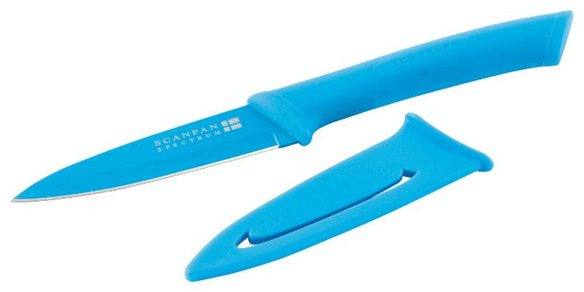 Scanpan Blue Utility Knife with 4" carbon stainless steel blade, non-stick coating, soft touch handle, and vibrant design.