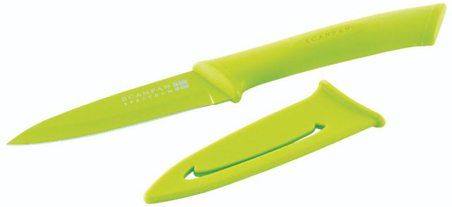 Scanpan Green Utility Knife 4" with ergonomic soft-touch handle and non-stick blade for efficient cutting in the kitchen.