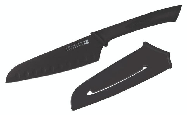 Scanpan Black Santoku Knife 5.5e/14cm featuring high carbon stainless steel, non-stick coating, and a thumb release sheath.