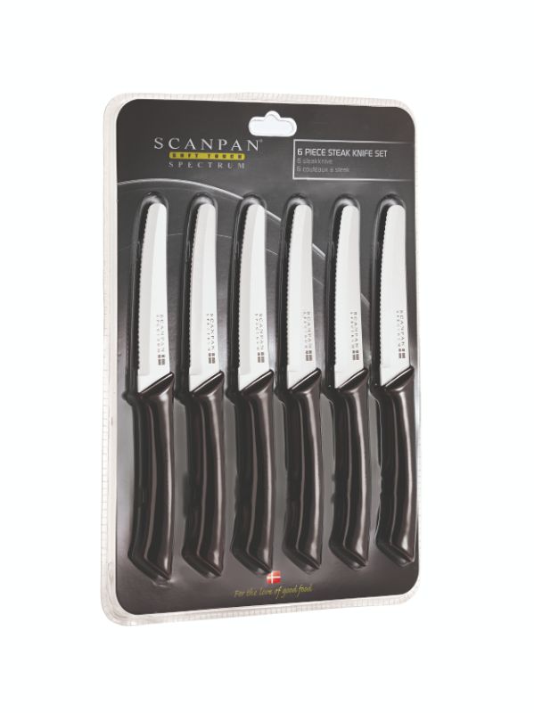 Scanpan Black Steak Knife Set (6pce) featuring carbon stainless steel blades, non-stick coating, and comfortable soft-touch handles.