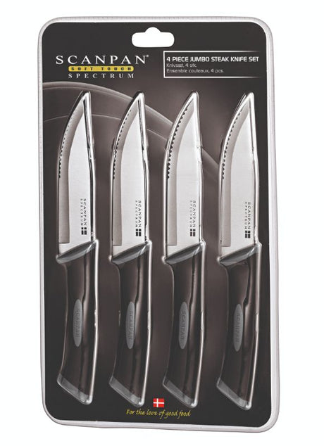 Stylish Jumbo Steak Knife Set with ergonomic handles and carbon stainless steel blades for effortless meat slicing.